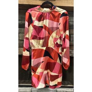 FATE Geometric Satin Neck Tie Long Sleeve Dress Size M NWT * C8